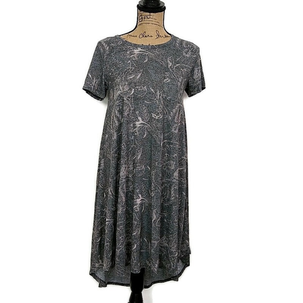 LulaRoe Women sz XXS‎ Carly T shirt Dress Gray Print Short Sleeve Round Neck